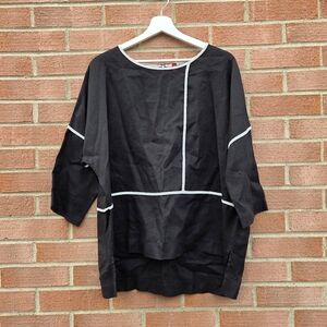 IC Collection By Connie K Linen Boxy Top Lagenlook Dolman Sleeve Black Medium